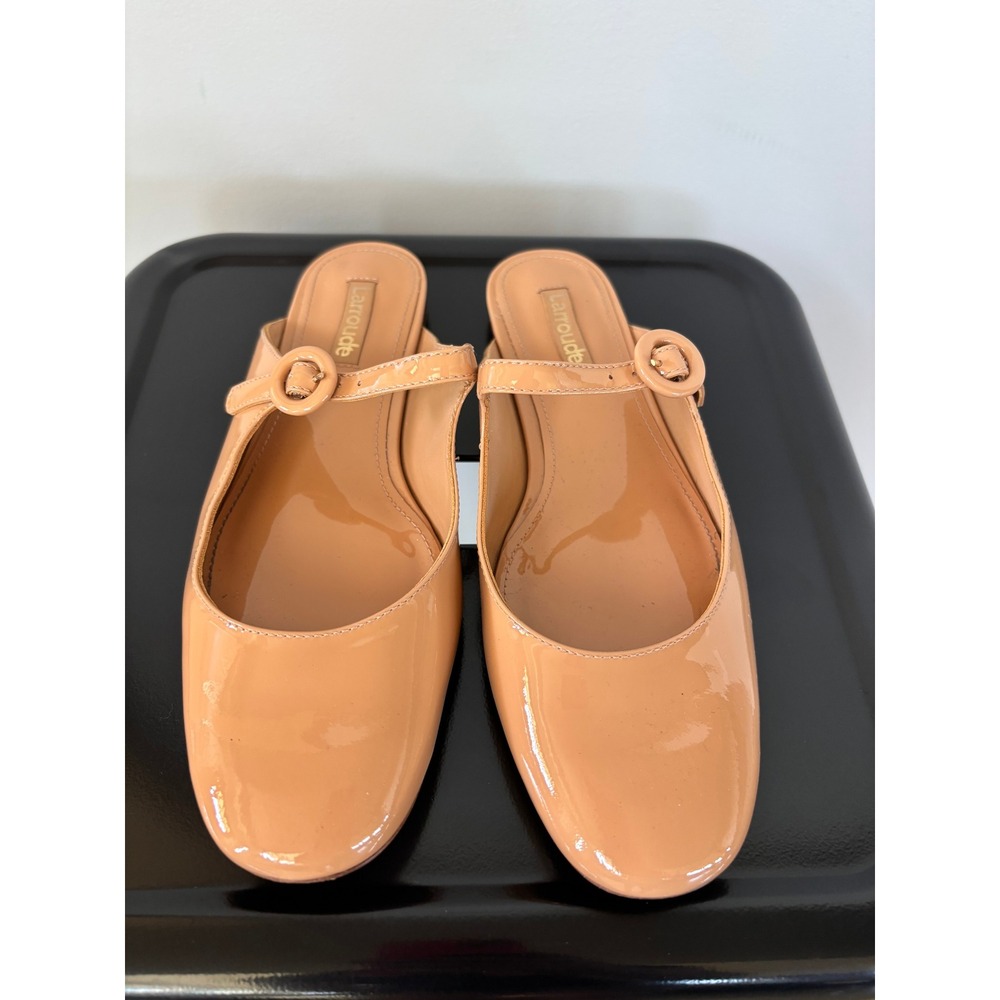 Larroude Blair Mary Jane Mules Beige Patent Leather Flat Buckle Slides Size 6